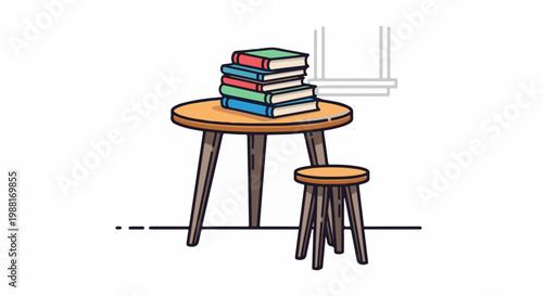 Stack of colorful books on a round wooden table with a stool