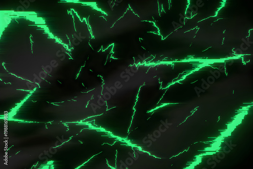 Neon green jagged glitch lines on a dark black background