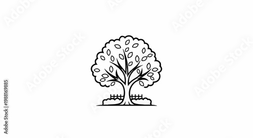 Stylized black and white illustration of a tree with leaves and a small fence