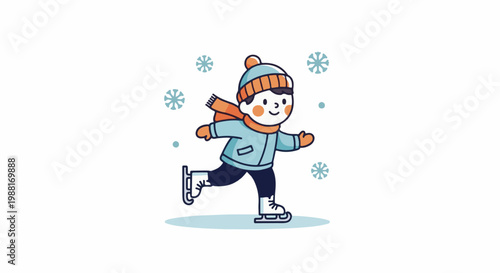 Cheerful child ice skating amidst falling snowflakes in a cartoon style