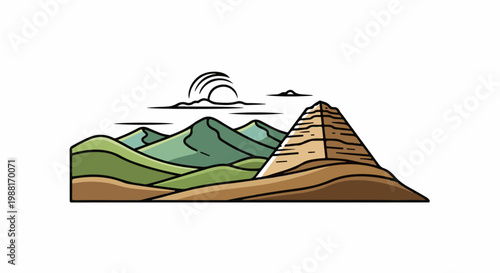 Stylized desert landscape with a pyramid and rolling hills under a crescent sun