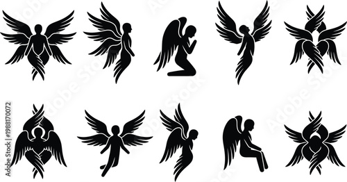 Set schwarzer Silhouetten von Engeln mit mehreren Flügeln in verschiedenen Posen.