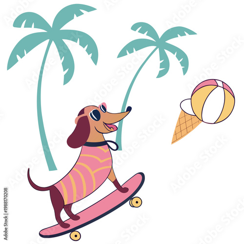 Mischievous Dachshund with riding a skateboard, set in a charming Summer Vacation theme – Beach Bliss color vector art