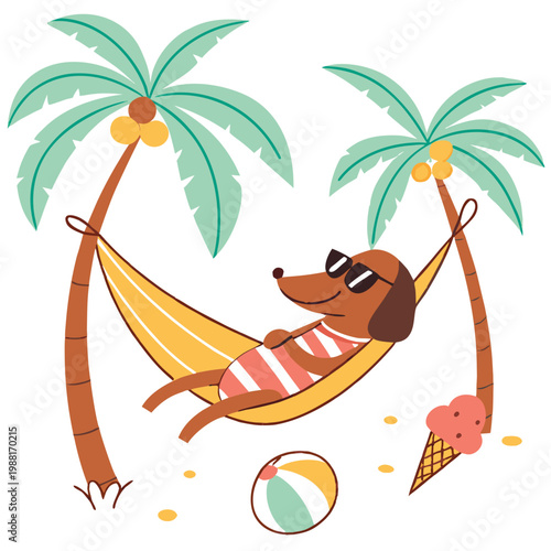 A Playful Dachshund with in a hammock in a Summer Vacation theme – Beach Bliss palette SVG illustration