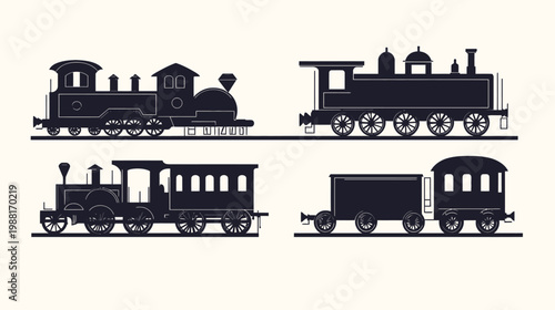Silhouettes of vintage steam trains and carriages on a cream background, black designs, flat illustration