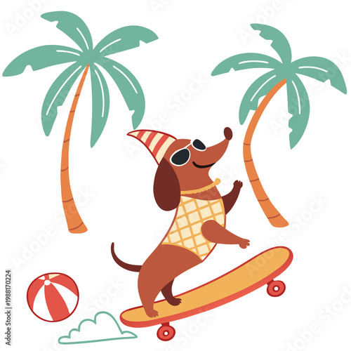 Vector illustration of a Amused Dachshund with riding a skateboard, styled in a Summer Vacation theme using Beach Bliss colors