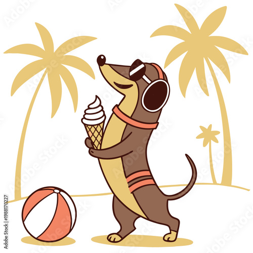 Creative SVG: Excited Dachshund with wearing headphones in a Beach Bliss colored Summer Vacation theme