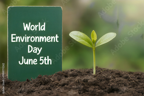 Small green seedling growing in soil next to a sign for environment day june 5th