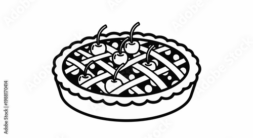 Black and white illustration of a delicious cherry pie with a lattice crust