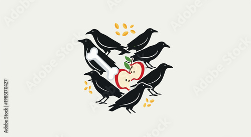 Seven black birds surround a bone and a halved apple