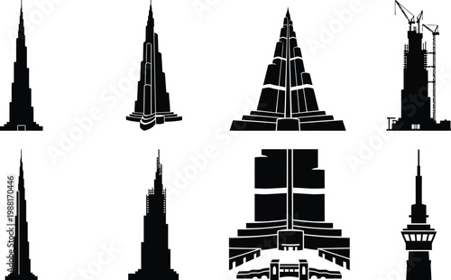 Sammlung von acht schwarzen Silhouetten moderner Wolkenkratzer und Türme auf weißem Hintergrund.