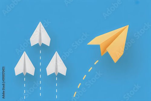 Three white paper airplanes flying straight and one yellow paper airplane veering off course
