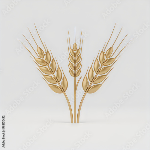 Three gold wheat stalks rendered as a 3 d on a light grey background