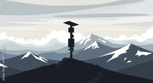 Silhouette of a telecommunications tower atop a mountain against a cloudy sky