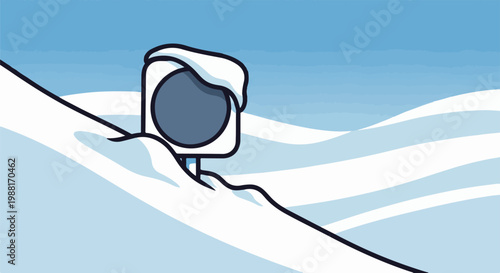 A stylized snowy landscape with a ski lift partially buried in snow