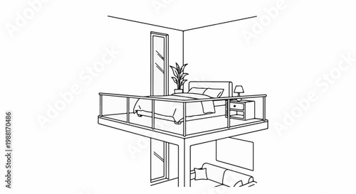 A loft bedroom overlooks a living area with a couch below