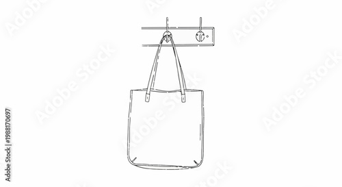 A sketch of a tote bag hanging from hooks on a wall