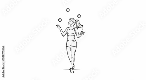 Athletic woman in shorts and sports bra juggles balls