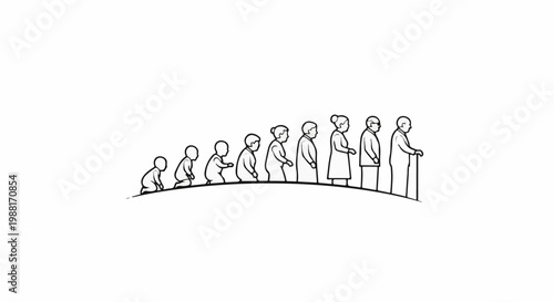 Stylized figures depict the progression of human life from infancy to old age