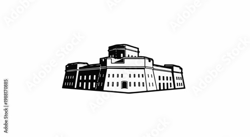 Stylized illustration of a strong, multi-story fortress with many windows