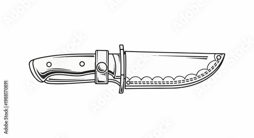 Black and white illustration of a hunting knife with a scalloped edge