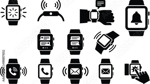 Detaillierte Icons von Smartwatches mit verschiedenen Funktionen wie Benachrichtigungen, Anrufen und Nachrichten auf weißem Hintergrund.
