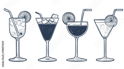 Four stylized cocktails with straws and citrus garnishes in varying glasses, all outlined in dark blue