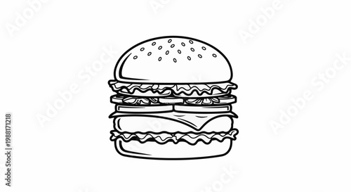 A black and white line drawing of a stacked, multi-layered hamburger