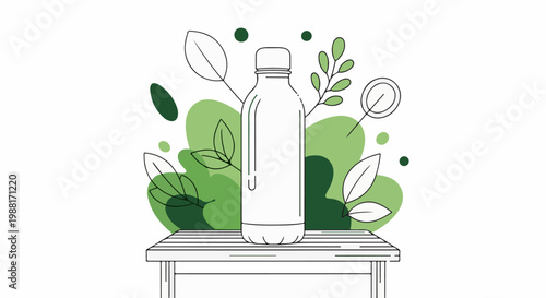 A simple outline of a reusable water bottle sits on a wooden table with green leaves and shapes