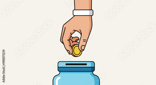 Hand dropping a gold coin into a blue glass jar for saving money