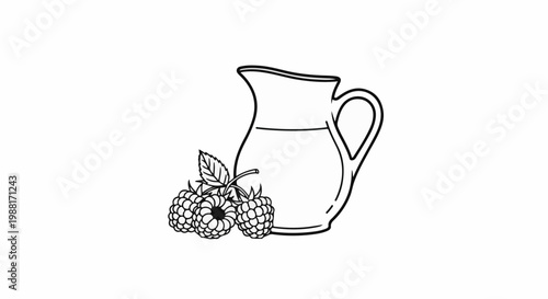 A pitcher of liquid with three raspberries and a leaf beside it