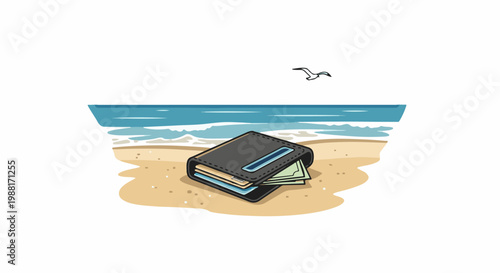 Wallet with money resting on sandy beach with ocean and bird