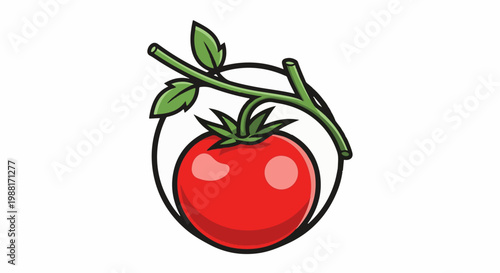 A ripe red tomato with green leaves on a vine, in a circular frame