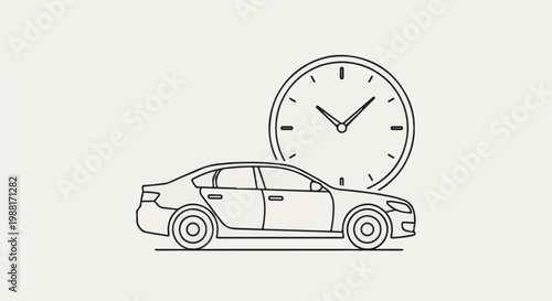 A line art illustration of a sedan car next to a clock