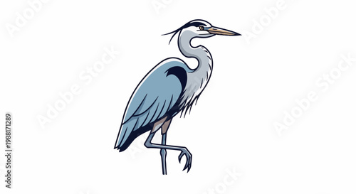 A light blue heron with a long neck stands on one leg