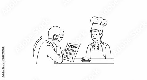 A diner, looking pensive, reads a menu while a smiling chef stands nearby