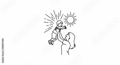 Mother tosses happy child in air near bright sun