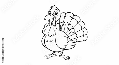 A cartoon turkey with its tail feathers fanned out and an open beak