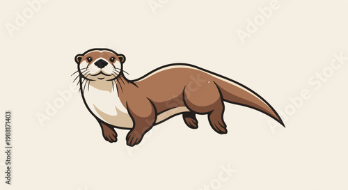 A cartoon otter stands with its body facing right, showing its brown fur and white chest