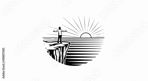 Person on cliff edge, arms outstretched to a radiating sunrise over horizontal lines