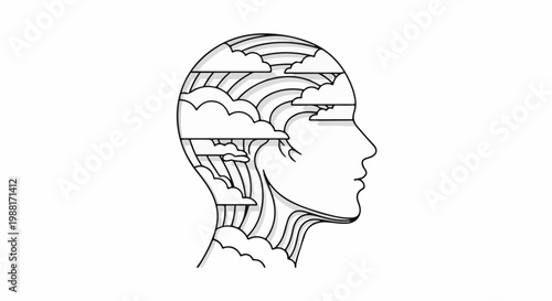 Outline of a profile head filled with layered clouds and rainbows
