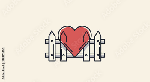 Red heart behind a white picket fence on a light background