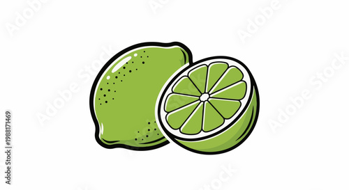 A bright green lime, whole and halved, illustrated with bold outlines
