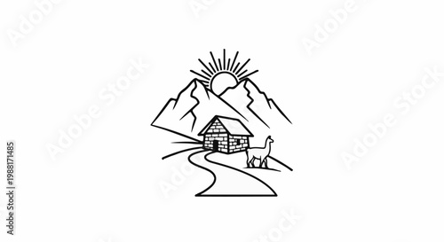 Rustic stone dwelling at mountain base with llama near winding path