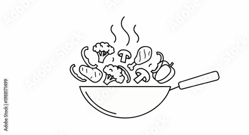 Stir-fry ingredients sizzling in a wok with steam rising