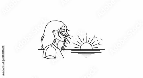 Stylized profile of a person looking towards a minimalist sunrise over the ocean