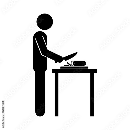 Stickman Cutting Vegetables – Food Preparation Cooking Activity Vector Icon.