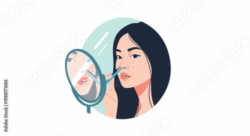 Woman grooming her nose with tweezers in a mirror