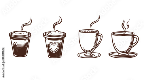 Four stylized coffee/tea cups and tumblers with steam, drawn in brown and white