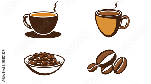 Stylized illustrations feature coffee cups, a bowl of beans, and a grouping of coffee beans